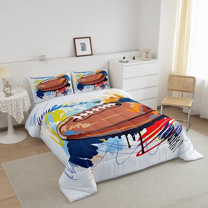 Boys Football Comforter Set Queen Kids Teen Sports Bedding Set Bedroom Decor,Watercolor Tie Dye Hand Drawn Graffiti Football Bedding Comforter Sets Rugby Quilt Duvet 2 Pillow Cases Colorful Brown - LeafyLoom