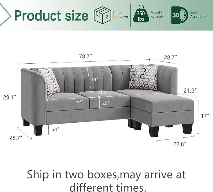 Shintenchi Upgraded Convertible Sectional Sofa Couch, 3 Seat L Shaped Sofa with High Armrest Linen Fabric Small Couch for Living Room, Apartment and Office (Grey) - LeafyLoom
