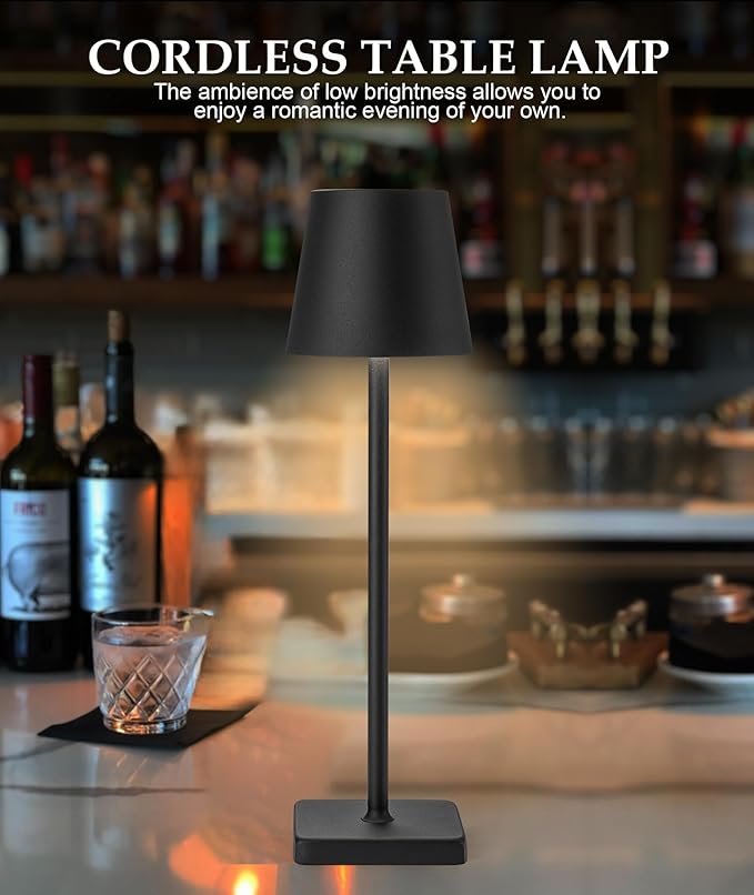 1 Pack Black Cordless Table Lamp, LED Rechargeable Desk Lamp, 5200mAh Battery Operated Table Light, Aluminum Shell, 3 Color Stepless Dimming Up Waterproof for Restaurant/Indoor/Outdoor (Black) - LeafyLoom