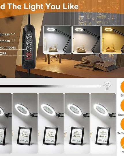 Large 10X Magnifying Glass with Light, 5 in Real Glass Stand Lighted Magnifier, 3 Color Modes Steepless Dimmable LED Magnifying Desk Lamp with Clamp, Hands Free for Close Work Crafts Hobby - LeafyLoom