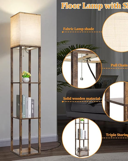 Dott Arts Floor Lamp with Shelves, 3 Color Temperature LED Bulb, Wood Texture, Storage, Brown - LeafyLoom