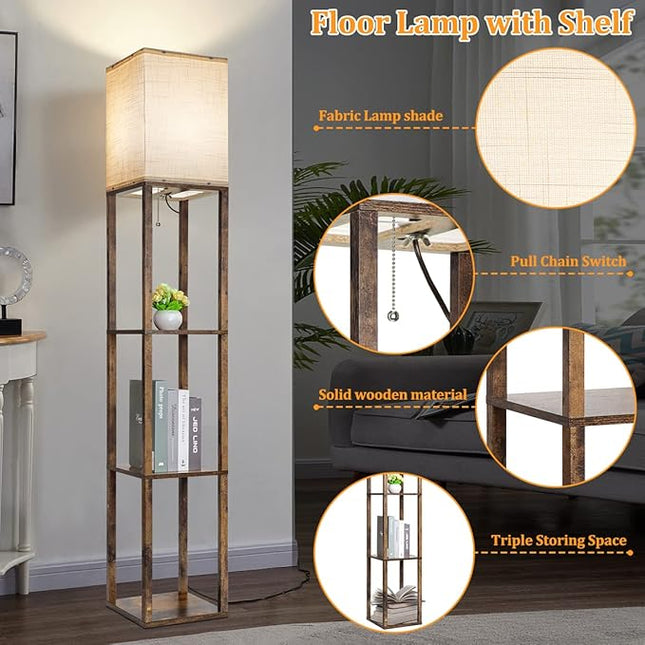 Dott Arts Floor Lamp with Shelves, 3 Color Temperature LED Bulb, Wood Texture, Storage, Brown - LeafyLoom