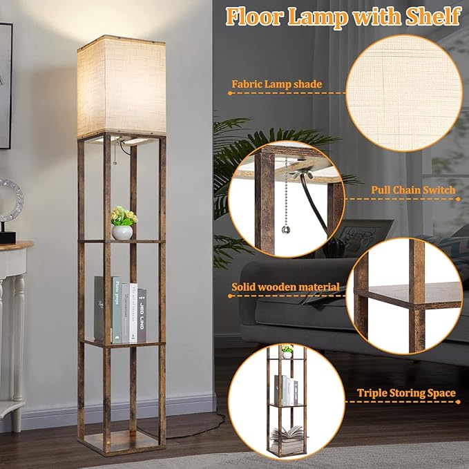 Dott Arts Floor Lamp with Shelves, 3 Color Temperature LED Bulb, Wood Texture, Storage, Brown - LeafyLoom