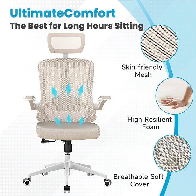 Ergonomic Office Chair - Comfy Desk Chairs with Wheels and Arms, 500LB Heavy Duty Mesh Computer Chairs with Comfortable Head Lumbar Back Support for Office, Bedroom, Study and College Dorm - LeafyLoom