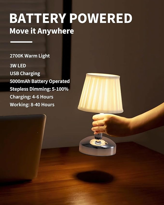 KDG Modern Cordless Small Table Lamp, Portable LED Fabric Shade Desk Lamps, 5000mAh Rechargeable Battery Operated Lighting for Bedroom, Bedside, Bar, Living Room, Dining Room, Night Light(Silver) - LeafyLoom