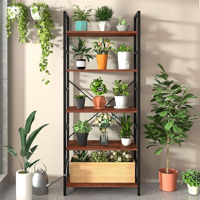 Yoobure 5 Tier Bookshelf - Tall Book Shelf Modern Bookcase for CDs/Movies/Books, Rustic Book Case Industrial Bookshelves Book Storage Organizer for Bedroom Home Office Living Room Brown - LeafyLoom