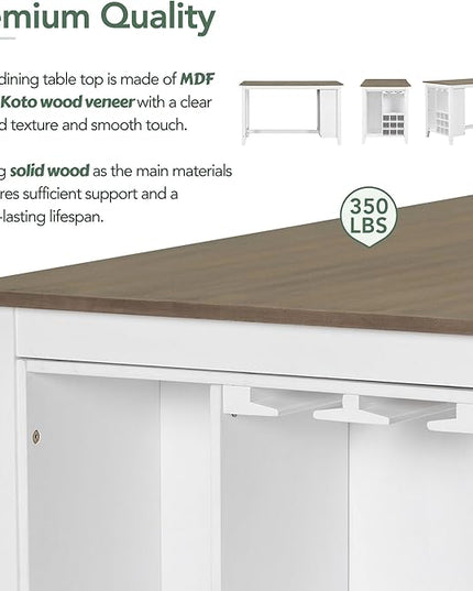 5 Piece Multi-Functional Rubber Wood Counter Height Dining Table Set with Padded Chairs and Integrated 9 Bar Compartment, Wine Glass Holders for Kitchen, Living Room, Brown+White-1 - LeafyLoom