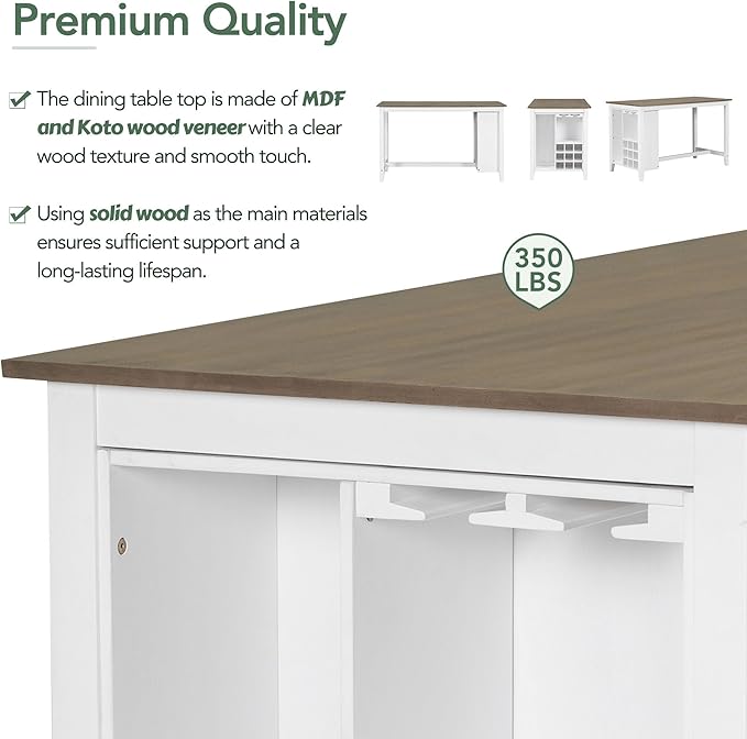 5 Piece Multi-Functional Rubber Wood Counter Height Dining Table Set with Padded Chairs and Integrated 9 Bar Compartment, Wine Glass Holders for Kitchen, Living Room, Brown+White-1 - LeafyLoom