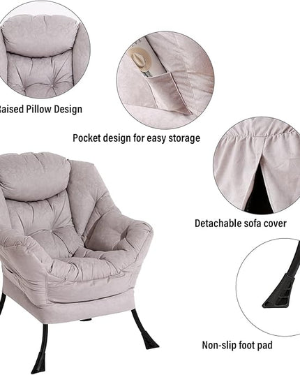 Welnow Lazy Chair with Ottoman, Modern Lounge Accent Chair with Armrests and a Side Pocket, Leisure Upholstered Sofa Chair Reading Chair with Footrest for Small Space, Corner Chair, Light Grey - LeafyLoom