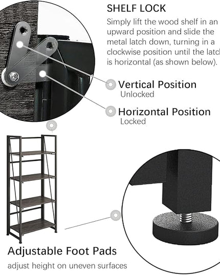 No-Assembly Folding Bookshelf Storage Shelves 4 Tiers Vintage Multifunctional Plant Flower Stand Storage Rack Shelves Bookcase for Home Office (Gray and Black-4, 4-Tier) - LeafyLoom