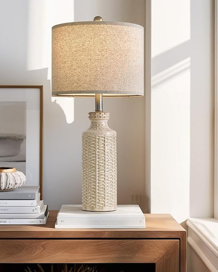 24.75'' Farmhouse Cream-White Ceramic Single Table Lamp for Bedroom Living Room Vintage Traditional Rustic Modern Nightstand Bedside Lamps - LeafyLoom