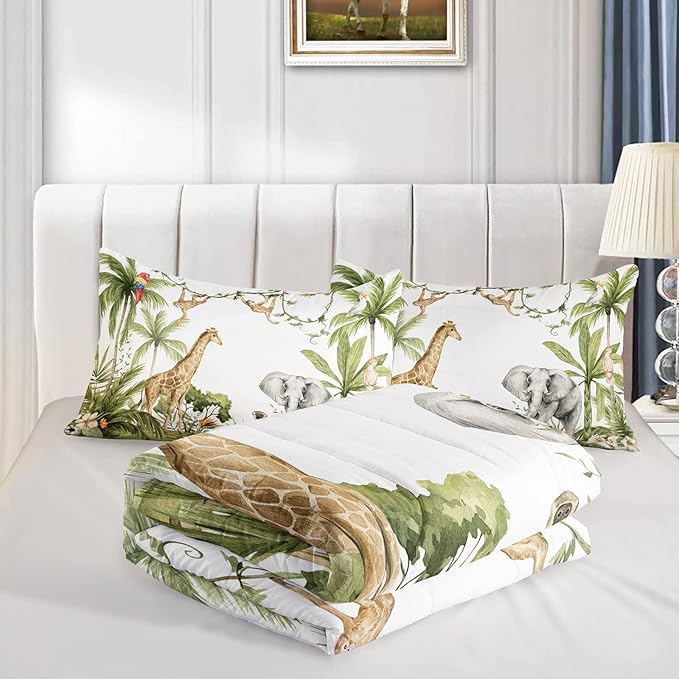 Elephant Giraffe Monkeys Comforter Twin Size,Wild Animals Kids Comforter Set,3Pcs Bedding Set Printed Comforter with 2 Pillowcases,Down Alternative,Soft and Lightweight,for All Seasons - LeafyLoom