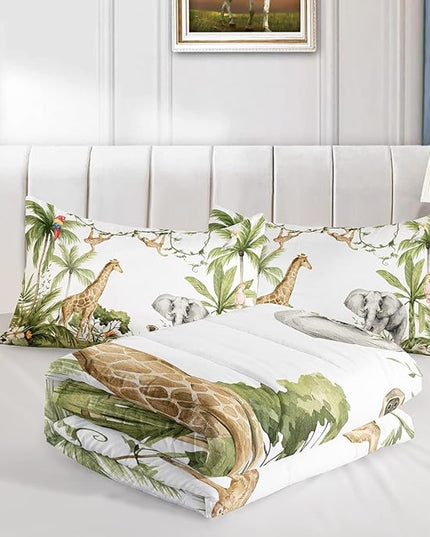 Elephant Giraffe Monkeys Comforter King Size,Wild Animals Kids Comforter Set,3Pcs Bedding Set Printed Comforter with 2 Pillowcases,Down Alternative,Soft and Lightweight,for All Seasons - LeafyLoom
