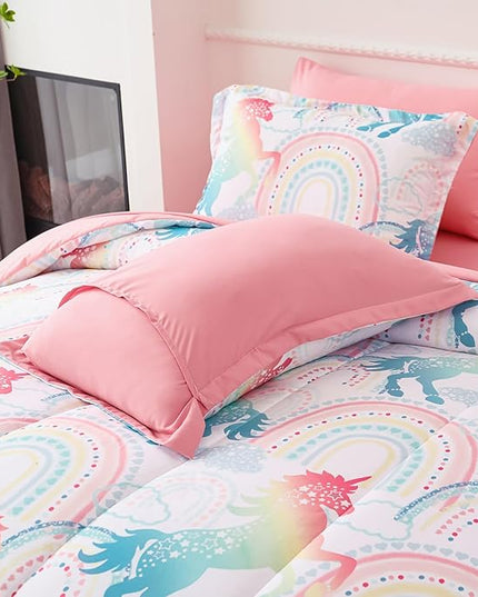 Twin Comforter Set for Girls, 6 Pieces Bed in a Bag, Colorful Unicorn Bedding Comforter Sheet Set, Ultra Soft and Fluffly, Pink & Rainbow Color, Colorful Bed in a Bag for Girls - LeafyLoom