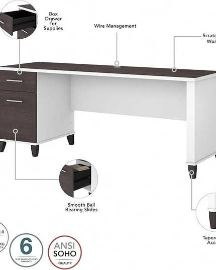 Bush Furniture Somerset Computer Drawers | Office Home Workspace | Large Desk, 72W, Storm Gray/White - LeafyLoom
