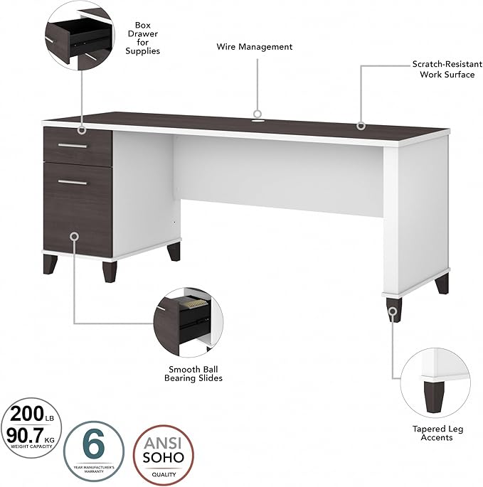 Bush Furniture Somerset Computer Drawers | Office Home Workspace | Large Desk, 72W, Storm Gray/White - LeafyLoom
