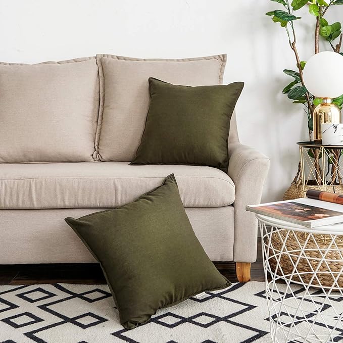 Jeanerlor 18"x18" Solid Cotton Linen Decoration Green Throw Pillow Case with Zipper Cushion Case Pillow Cover Decorative Pillowcase for Chair/Bed/Couch, (45 x 45cm),2 Packs, Olive Green - LeafyLoom