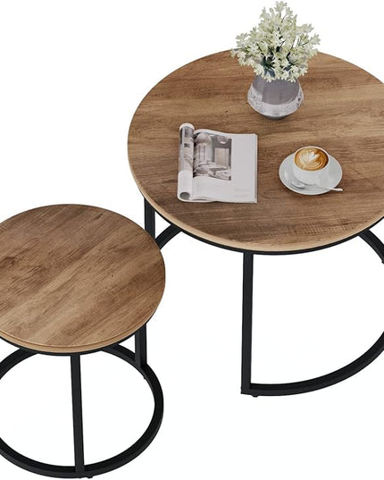 Nesting Coffee Table Set of 2, 23.6" Round Coffee Table Wood Grain Top with Adjustable Non-Slip Feet, Industrial End Table Side Tables for Living Room Bedroom Balcony Yard - LeafyLoom