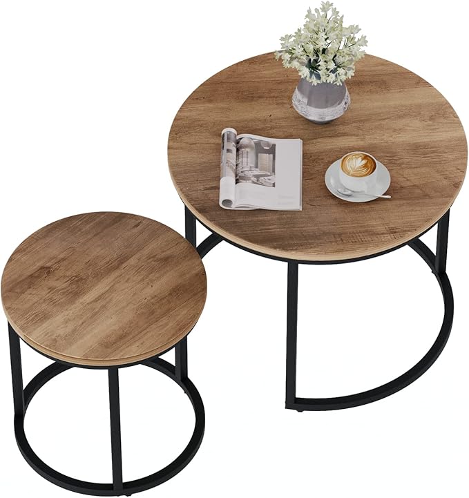 Nesting Coffee Table Set of 2, 23.6" Round Coffee Table Wood Grain Top with Adjustable Non-Slip Feet, Industrial End Table Side Tables for Living Room Bedroom Balcony Yard - LeafyLoom