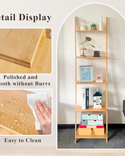 HYNAWIN Ladder Shelf Bookcase,5-Tier Bamboo Storage Rack Shelves Wall Leaning Shelf Unit,FreeStanding Plant Stand, Corner Display Shelves for Living Room, Bathroom, Kitchen, Office(65in) - LeafyLoom