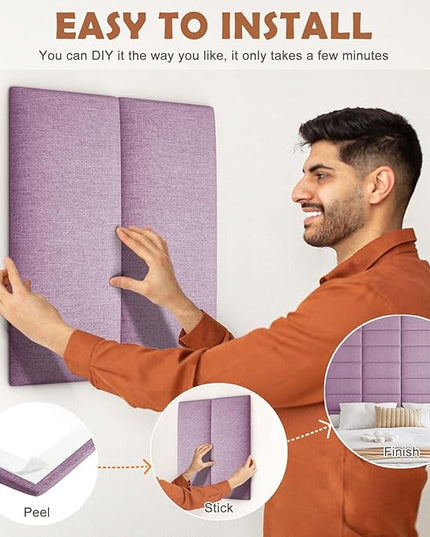 Upholstered Wall Mounted Headboard, 3D Soundproof Wall Panels Peel and Stick Headboard for Queen Size, Reusable and Removable Tufted Bed Headboard in Violet(9 Panels, 10" x 24") - LeafyLoom