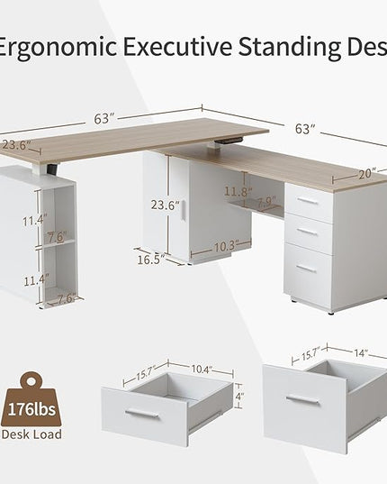 FEZIBO 63" L Shaped Executive Standing Desk with 3-Drawer File Cabinet, Electric Height Adjustable Stand up Desk for Home Office, Computer Desk with Storage Cabinets, White Frame Light Walnut Top - LeafyLoom