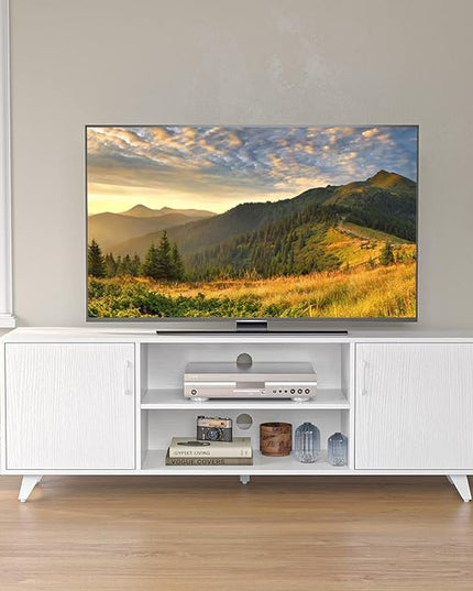 Panana TV Stand, Entertainment Center with 2 Doors and 2 Cubby Storages Cabinets for up to 65 inch for Living Room Bedroom (White, 53.5 inch) - LeafyLoom
