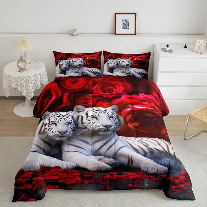 Tiger Comforter Set Queen, Red Rose Down Comforter Kids Girls Women,Red Image of Large Cat Playing with Water Cool Nature Animal Quilted Duvet Insert Gorgeous Floral Flower Bedding Comforters,Brown - LeafyLoom