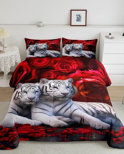 Tiger Comforter Set Full, Red Rose Down Comforter Kids Girls Women,Red Image of Large Cat Playing with Water Cool Nature Animal Quilted Duvet Insert Gorgeous Floral Flower Bedding Comforters,Brown - LeafyLoom