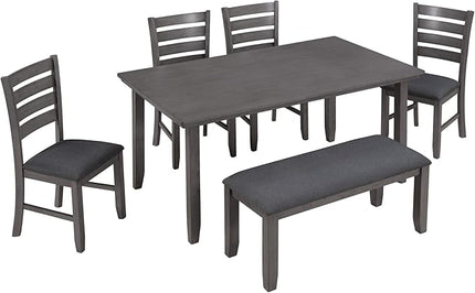Kitchen Room Table and Chairs with Bench, Rustic Wood Dining Set, Set of 6, Gray - LeafyLoom