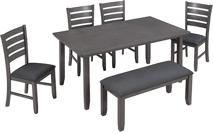 Kitchen Room Table and Chairs with Bench, Rustic Wood Dining Set, Set of 6, Gray - LeafyLoom