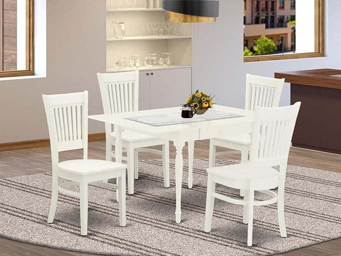 East West Furniture MZVA5-LWH-W Monza 5 Piece Kitchen Set includes a Rectangle Table with Dropleaf and 4 Dining Room Chairs, 36x54 Inch - LeafyLoom