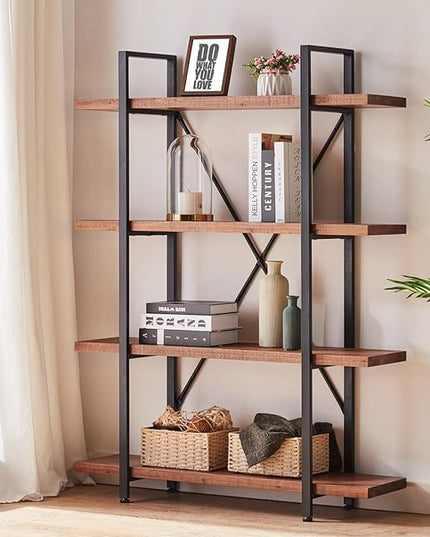 HSH 4 Tier Natural Real Wood Bookshelf, 4 Shelf Rustic Solid Wooden and Metal Bookcase, Farmhouse Open Vintage Industrial Etagere Book Shelf for Office Living Room Bedroom Storage, Distressed Brown - LeafyLoom