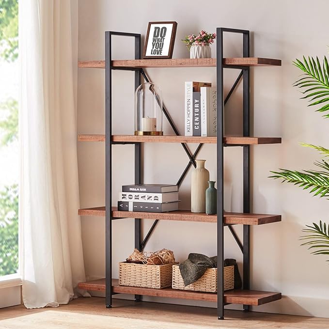 HSH 4 Tier Natural Real Wood Bookshelf, 4 Shelf Rustic Solid Wooden and Metal Bookcase, Farmhouse Open Vintage Industrial Etagere Book Shelf for Office Living Room Bedroom Storage, Distressed Brown - LeafyLoom