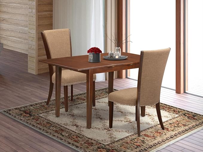 East West Furniture Norfolk 3 Piece Kitchen Set Contains a Rectangle Dining Room Table with Butterfly Leaf and 2 Light Sable Linen Fabric Parson Chairs, 32x54 Inch, NFVE3-MAH-47 - LeafyLoom