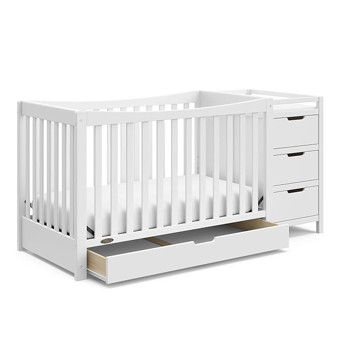Graco Remi 4-In-1 Convertible Crib & Changer With Drawer (White) – GREENGUARD Gold Certified, Crib And Changing-Table Combo, Includes Changing Pad, Converts To Toddler Bed, Full-Size Bed - LeafyLoom