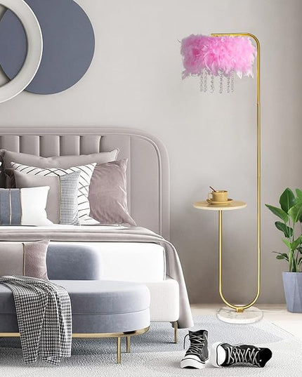 Unique Led Pink Feather Floor Lamp with Tray,Ostrich Feather Stand Lamp,Living Room Bedroom Office Shop Window Decoration Lamp,Foot Switch and Brass/Gold Finish Arc Floor Lamp - LeafyLoom