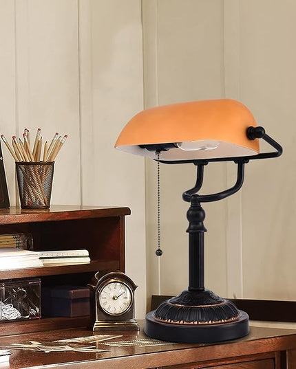 Rustic Desk Lamp Pull Chain, Traditional Bankers Desk Lamp with USB Port, Vintage Farmhouse Table Lamp for home office library - LeafyLoom