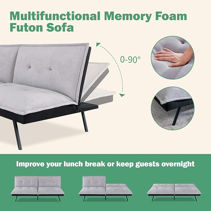 Futon Couch,3" Memory Foam Small Splitback, Polyester Fabric Cover Modern Loveseat for Living, Apartment,Studio,Guest Room,Home Office,71" L Sofa Bed, Light Gray - LeafyLoom