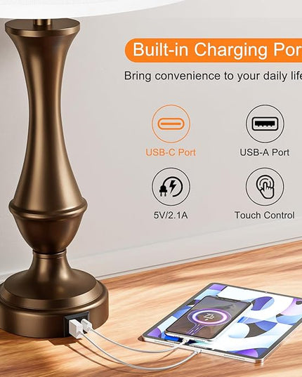Touch Lamps for Bedrooms Set of 2 - Nightstand Table Lamp with USB C+A, 3 Way Dimmable Bedside Lamps for Living Room End Tables Set of 2, Farmhouse Night Stand Lamps(White&Brown) - LeafyLoom
