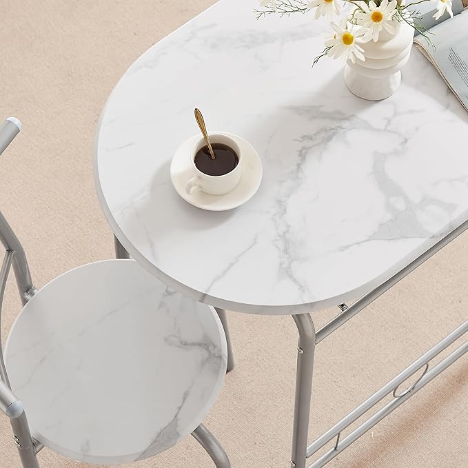 VECELO 3-Piece Dining Table Set for Kitchen Breakfast Nook, Wood Grain Oval Tabletop and Metal Frame with Built-in Wine Rack, for Small Spaces, 31.5", White & Silver - LeafyLoom