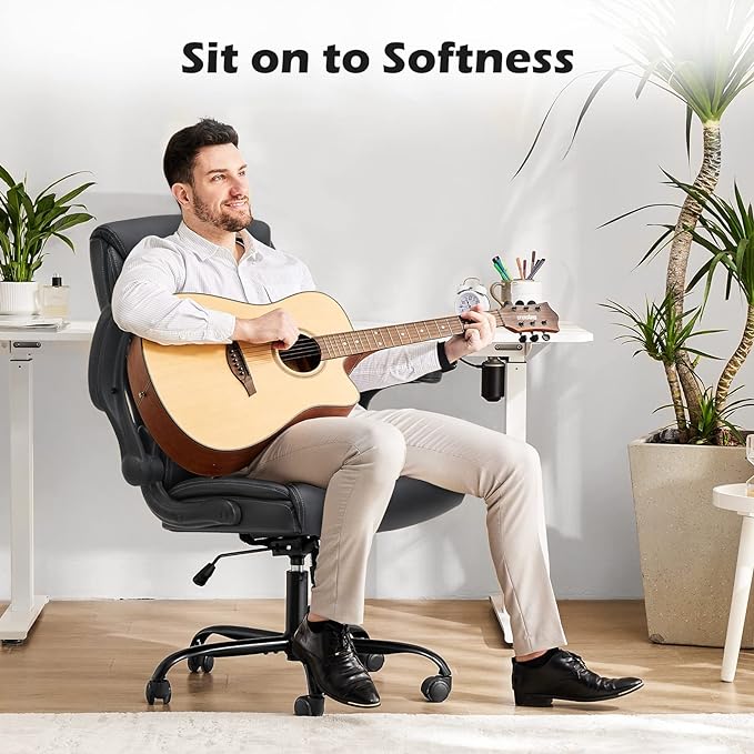 Office Chair - Ergonomic Executive Computer Desk Chairs with Adjustable Flip-up Armrest, Swivel Task Chair with Lumbar Support, Strong Metal Base, PU Leather, Black - LeafyLoom