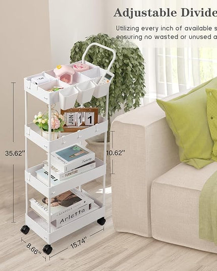danpinera Storage Cart, 4 Tier Narrow Rolling Storage Cart with Wheels Dividers Bathroom Cart Organizer Slim Laundry Cart with Handle Hanging Cups Hooks, White - LeafyLoom