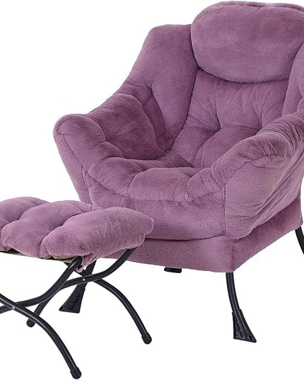 Lazy Chair with Ottoman, Modern Accent Chair Contemporary Lounge Leisure Upholstered Sofa Chair Set with Armrests, Reading Chair for Living Room, Bedroom, Office, Plush Purple - LeafyLoom