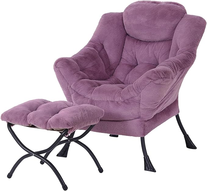 Lazy Chair with Ottoman, Modern Accent Chair Contemporary Lounge Leisure Upholstered Sofa Chair Set with Armrests, Reading Chair for Living Room, Bedroom, Office, Plush Purple - LeafyLoom