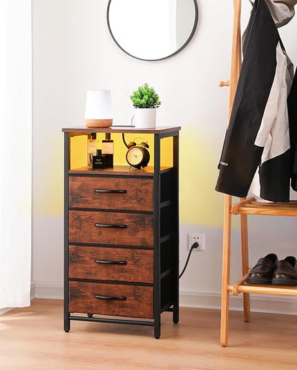 Yoobure Night Stand - LED Nightstand with Charging Station, Bedside Table with 4 Fabric Storage Drawers and Storage Shelf, End Table with USB Ports and Outlets, Tall Dresser for Bedroom - LeafyLoom