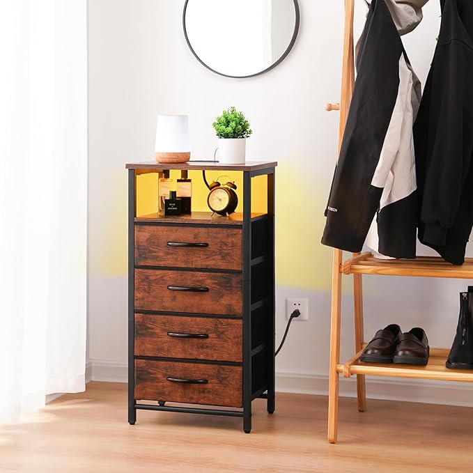 Yoobure Night Stand - LED Nightstand with Charging Station, Bedside Table with 4 Fabric Storage Drawers and Storage Shelf, End Table with USB Ports and Outlets, Tall Dresser for Bedroom - LeafyLoom