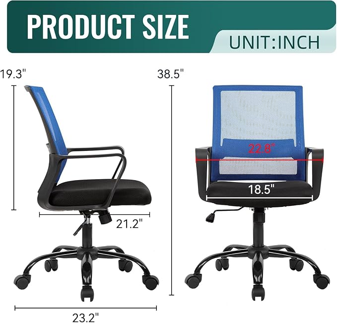 BestOffice Office Chair Desk Chair Computer Chair Swivel Rolling Executive Lumbar Support Task Mesh Chair Adjustable Stool for Women Men, Blue - LeafyLoom