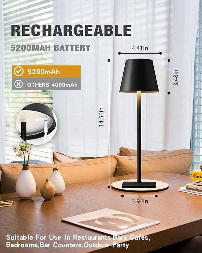 2 Pack Cordless Table lamp, 5200mAh Battery Operated Lamp,3 Color Stepless Dimming Desk Lamp,IP54 Waterproof Outdoor Table Lamps for Restaurant/Bedroom/Bars/Camping/Cafe Night Light (Black-2) - LeafyLoom