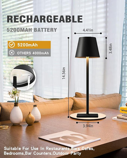 Cordless Table lamp, 5200mAh Battery Operated Lamp,3 Color Stepless Dimming Desk Lamp, IP54 Waterproof Outdoor Table Lamps for Restaurant/Bedroom/Bars/Party/Camping/Cafe Night Light (Black-1) - LeafyLoom